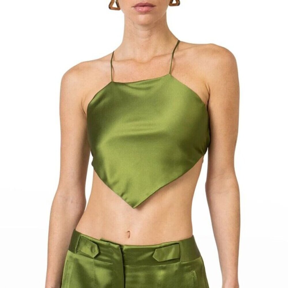 Ronny Kobo Womens Nuage Top Small Green Acetate Diamond Cropped Spaghetti Strap